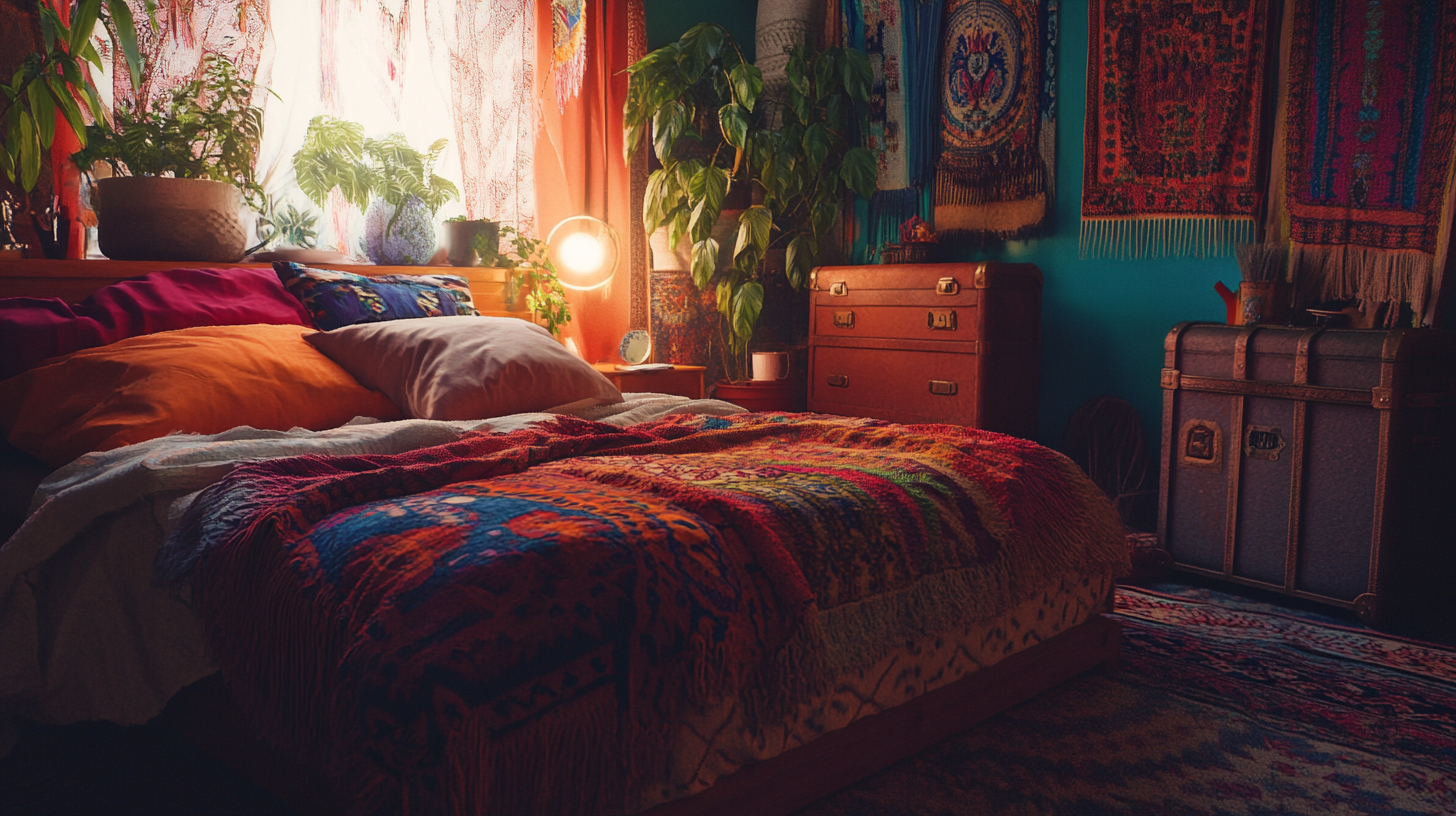 A cozy bedroom with a bohemian style. The bed is covered with colorful, patterned blankets and pillows. There are several potted plants on the windowsill and around the room. A warm light glows from a lamp on a bedside table. The walls are adorned with vibrant tapestries, and there is a vintage trunk and a wooden dresser in the corner. The room has a warm and inviting atmosphere.