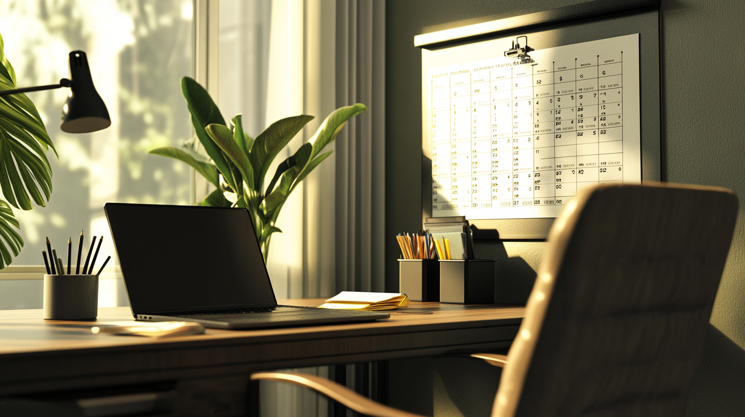 A cozy home office setup with a wooden desk featuring a closed laptop, a cup holding several pencils, and a stack of papers. A large calendar is mounted on the wall, and a potted plant is placed near a window with sheer curtains, allowing natural light to illuminate the space. A desk lamp is positioned on the left side, and an office chair is partially visible in the foreground.