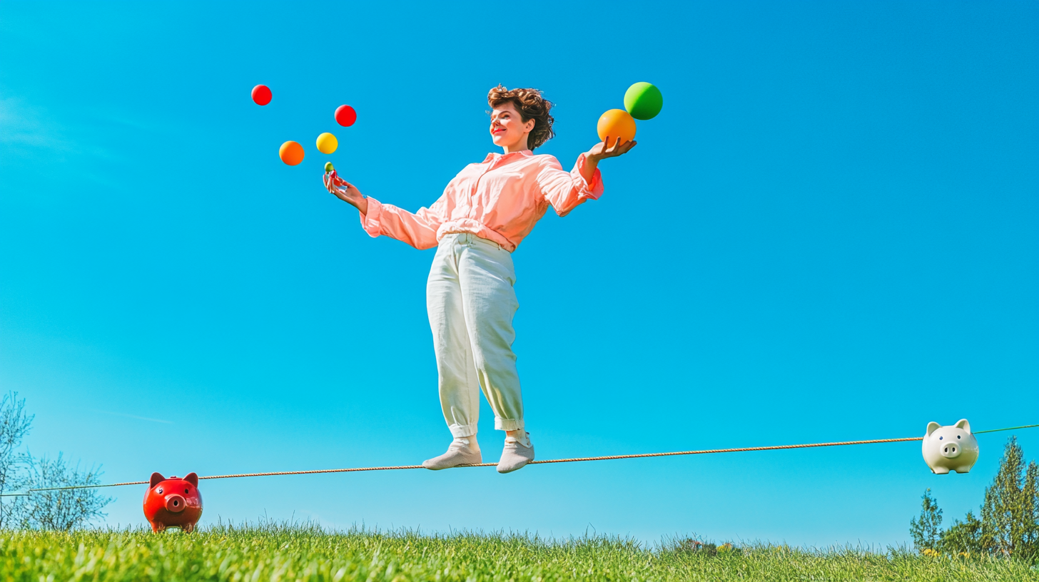 A person is balancing on a tightrope while juggling colorful balls. They are wearing a light pink shirt and white pants. The tightrope is stretched between two piggy banks, one red and one white, set on a grassy field under a clear blue sky.