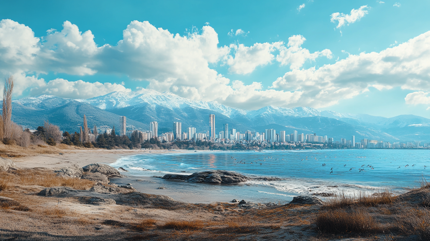 A scenic view of a coastal city with a sandy beach in the foreground. The city skyline features numerous tall buildings, set against a backdrop of snow-capped mountains. The sky is bright blue with scattered fluffy clouds, and birds are flying over the calm sea.