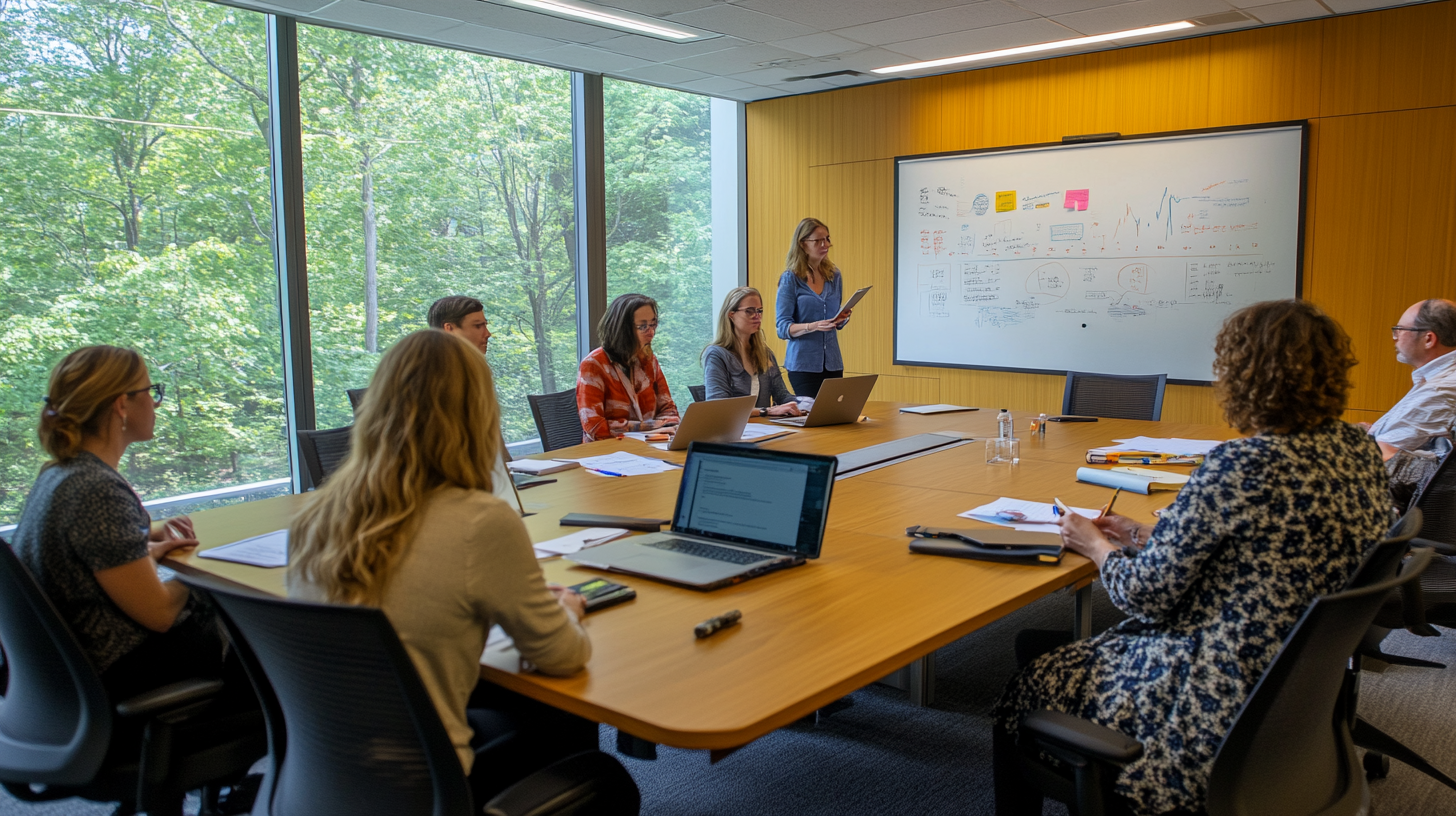 A group of people is having a meeting in a conference room. They are seated around a large table with laptops, papers, and pens. One person is standing and presenting information on a whiteboard filled with charts and diagrams. Large windows in the background show a view of green trees outside.