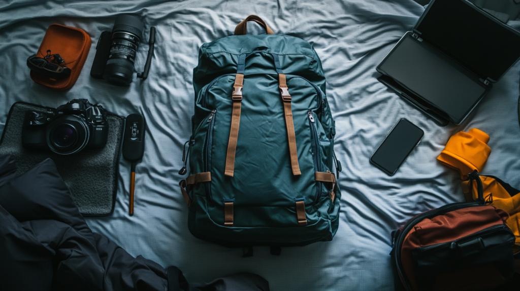 A neatly arranged collection of travel and photography gear on a bed. In the center is a large green backpack with brown straps. Surrounding it are various items: a camera with a lens, a telephoto lens, a smartphone, a laptop, a small orange pouch, and a black case. The setup suggests preparation for a photography trip.