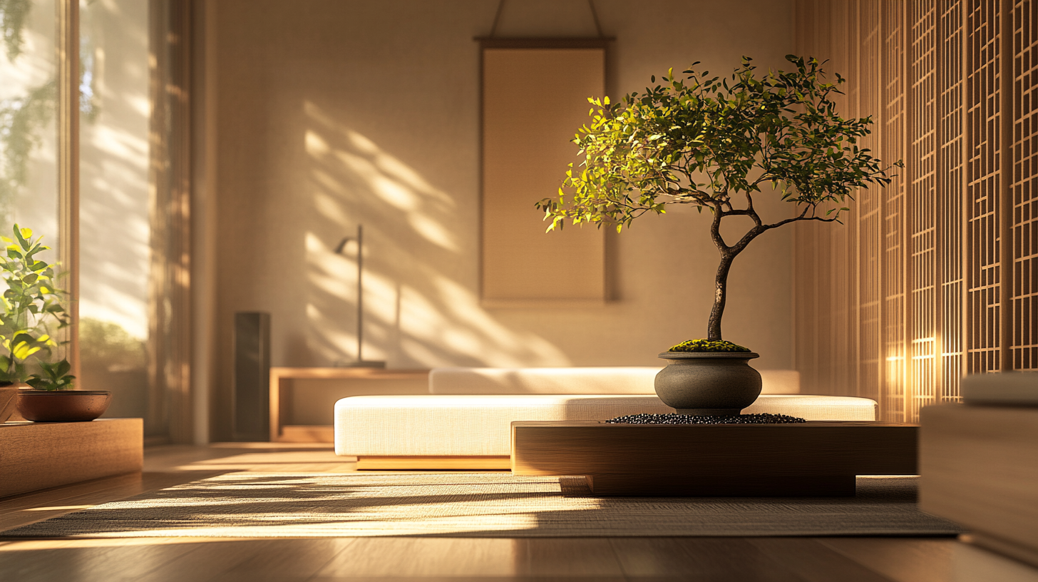 A serene, minimalist room with a bonsai tree in a pot on a wooden table. The room features soft, natural lighting with shadows cast on the floor and walls. A low, white sofa is in the background, and a small plant is on a wooden ledge to the left. The decor includes a hanging scroll and wooden lattice panels, creating a peaceful, Zen-like atmosphere.