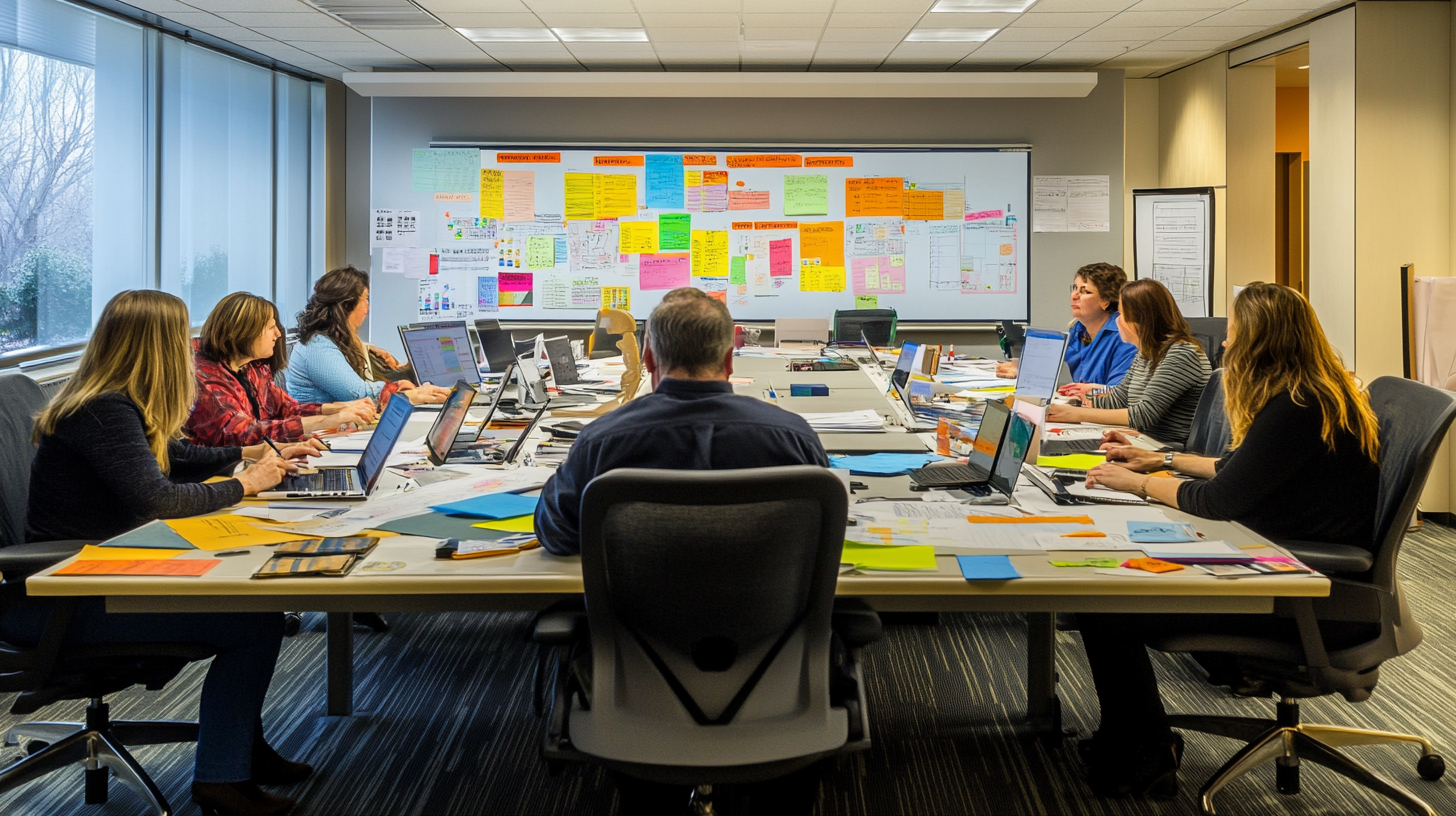 A group of people are seated around a large conference table in a modern office setting. They are engaged in a meeting, with laptops and documents spread out in front of them. The walls are covered with colorful sticky notes and papers, suggesting brainstorming or planning activities. Large windows on one side let in natural light, and the room has a professional atmosphere.