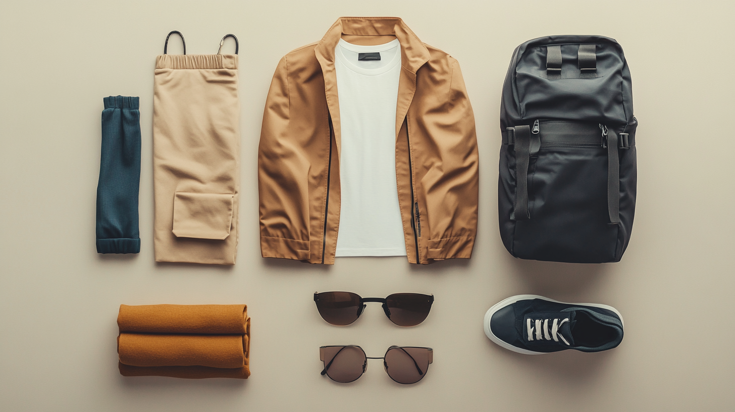 The image shows a flat lay of various clothing and accessories on a neutral background. Items include a pair of beige pants, a tan jacket over a white T-shirt, a black backpack, a pair of black sneakers with white laces, two pairs of sunglasses, a rolled-up mustard-colored sweater, and a pair of teal joggers.