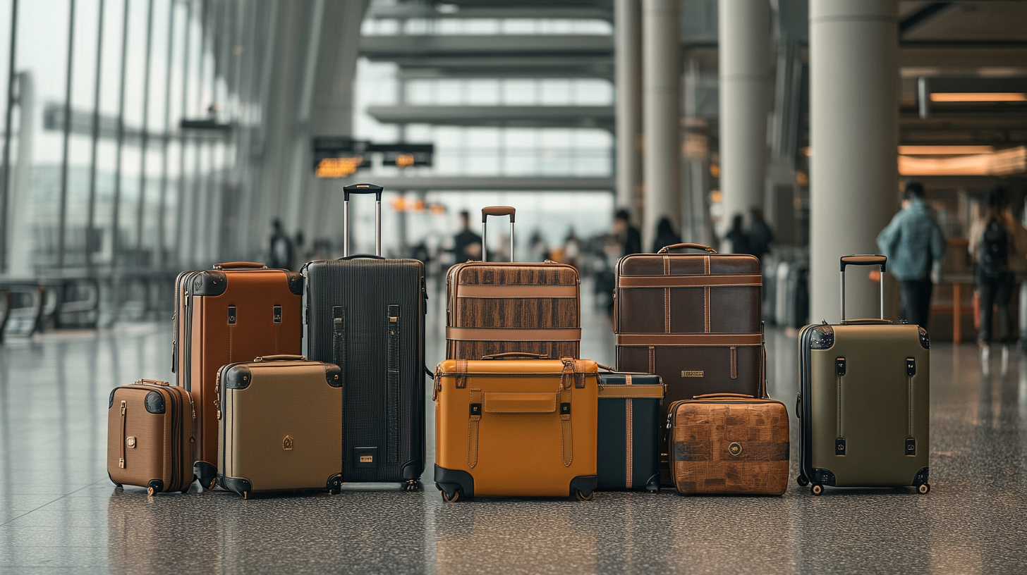 The image shows a collection of various suitcases and travel bags of different sizes and colors arranged in a row on the floor of an airport terminal. The background features large windows and blurred figures of people walking, suggesting a busy travel environment.