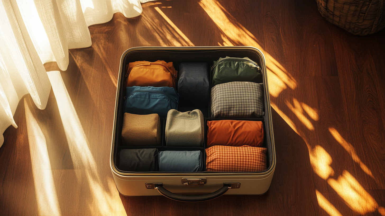 A neatly packed suitcase is open on a wooden floor, with sunlight streaming through nearby curtains. The suitcase contains various clothing items, each rolled and organized into separate compartments. The clothes are in different colors and patterns, including solid colors and checkered designs.