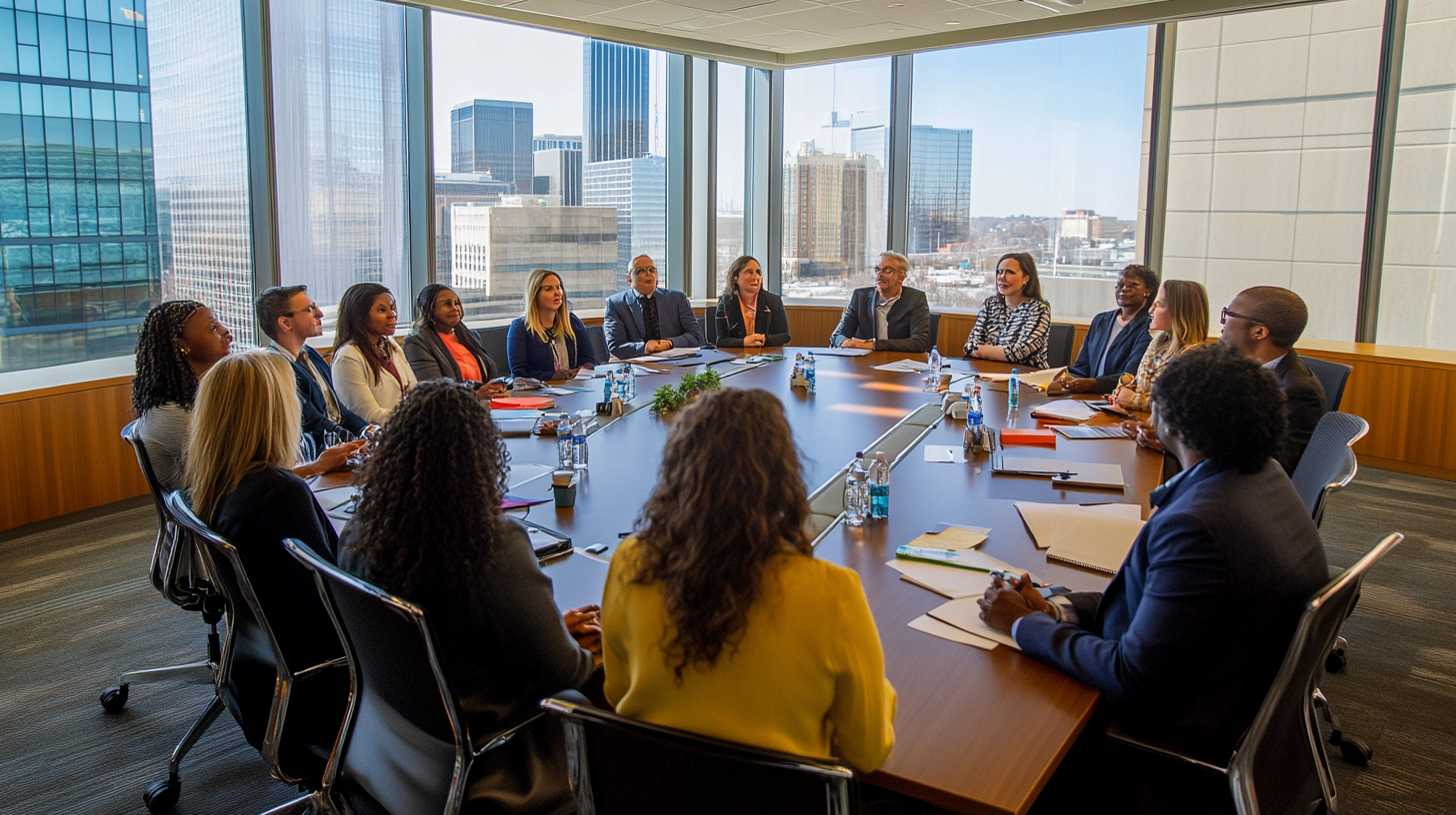 A diverse group of people is seated around a large conference table in a modern office setting. The room has large windows with a view of a cityscape. The individuals appear to be engaged in a meeting, with papers, notebooks, and water bottles on the table. The atmosphere is professional and collaborative.