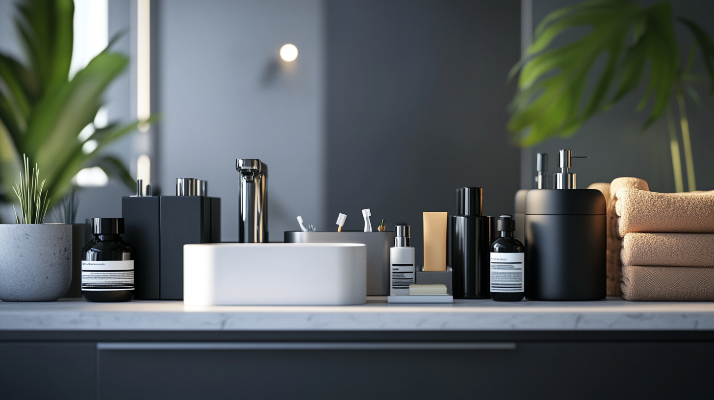 The image shows a modern bathroom countertop with various items neatly arranged. There is a white sink with a chrome faucet, several black and white bottles, a toothbrush holder with toothbrushes, a small potted plant, and a stack of beige towels. The background features blurred green plants and a dark wall, creating a sleek and minimalist aesthetic.