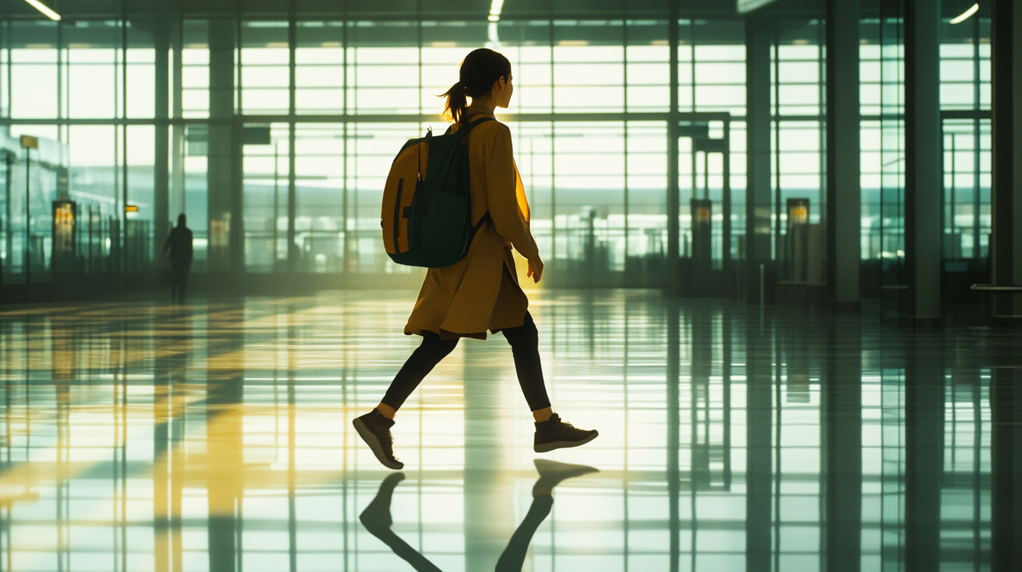 A person with a backpack is walking through a spacious, modern airport terminal. The floor is shiny, reflecting the person and the surrounding architecture. The terminal is well-lit with natural light streaming through large windows.