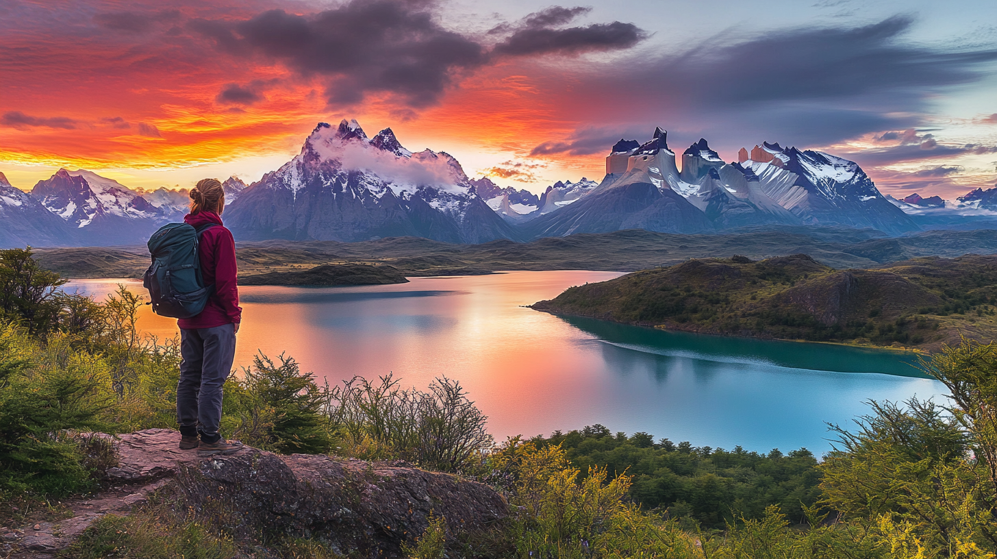 A person wearing a red jacket and carrying a backpack stands on a rocky outcrop, overlooking a scenic landscape. In the background, there is a tranquil lake reflecting the vibrant colors of a dramatic sunset sky. Snow-capped mountains rise majestically in the distance, surrounded by lush greenery.