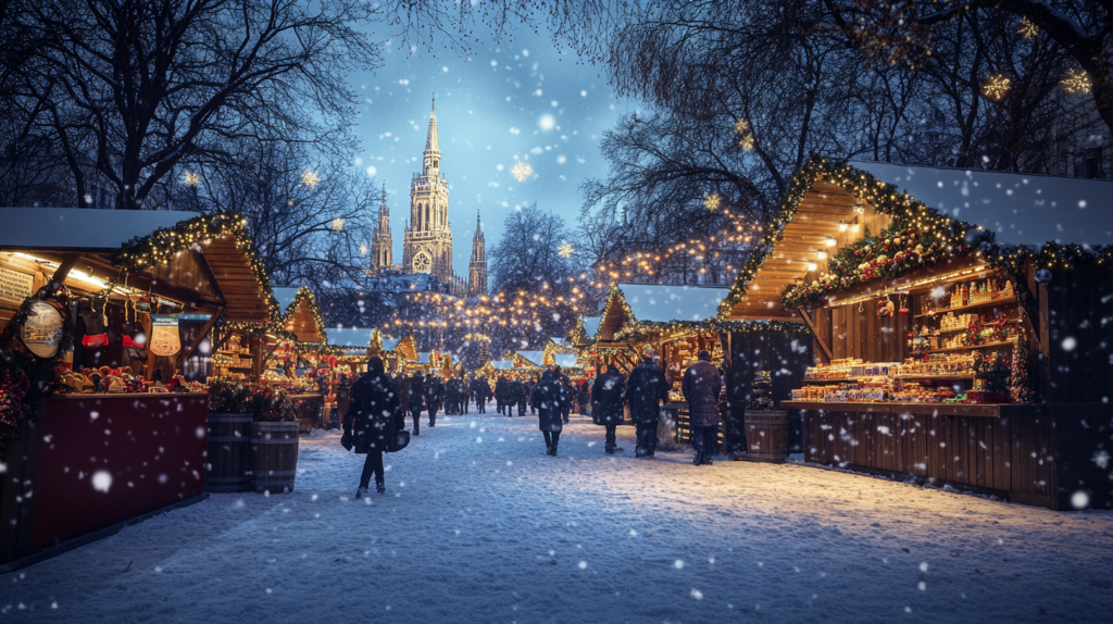 A festive Christmas market scene with wooden stalls adorned with lights and garlands, set in a snowy environment. People are walking around, browsing the stalls. In the background, a large, illuminated cathedral is visible, and snowflakes are gently falling from the sky.