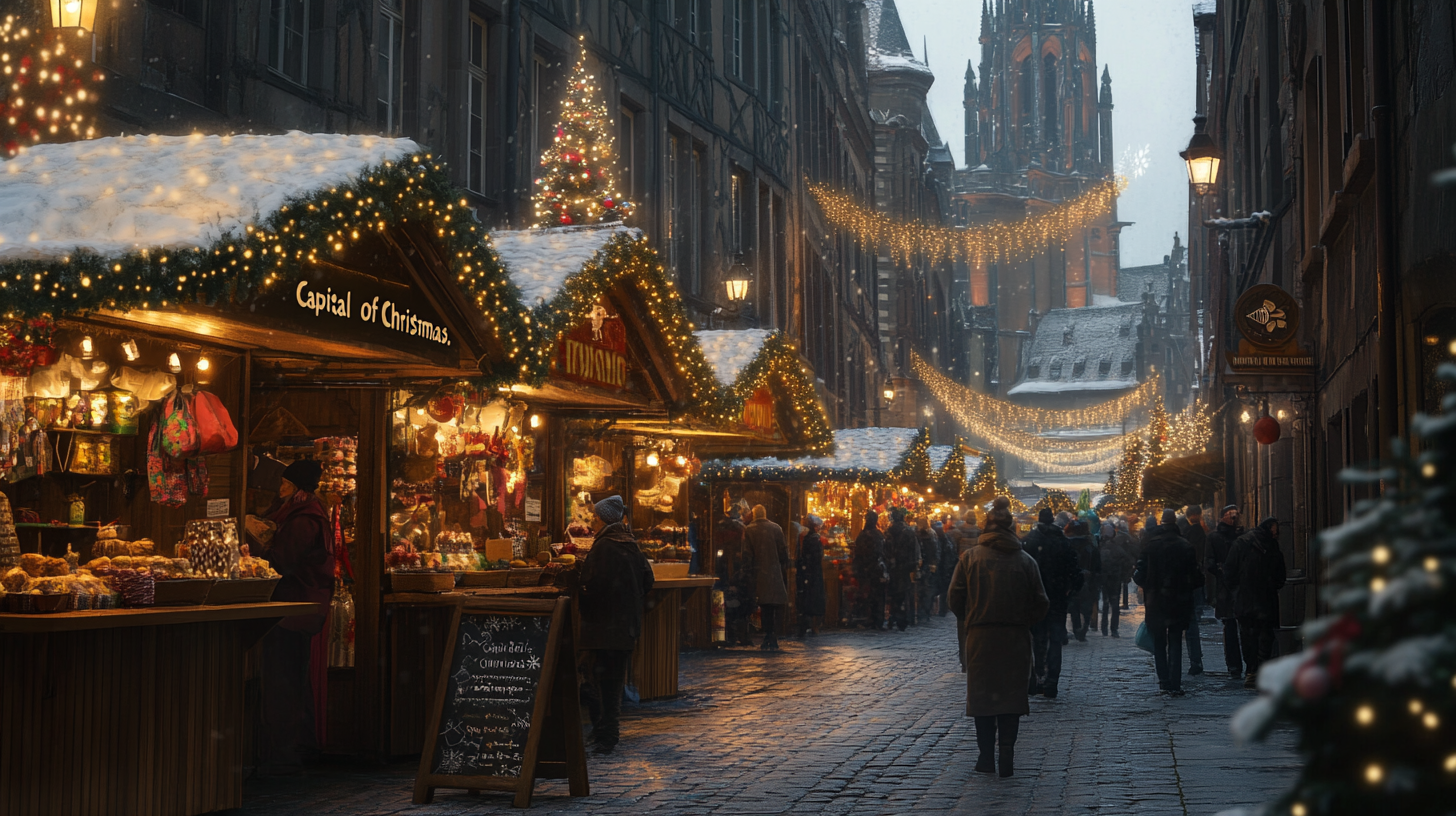 A festive Christmas market scene at night, with snow-covered wooden stalls adorned with twinkling lights and garlands. People are browsing and shopping, and a large church is visible in the background. The street is lined with Christmas trees and illuminated decorations, creating a warm and inviting atmosphere.