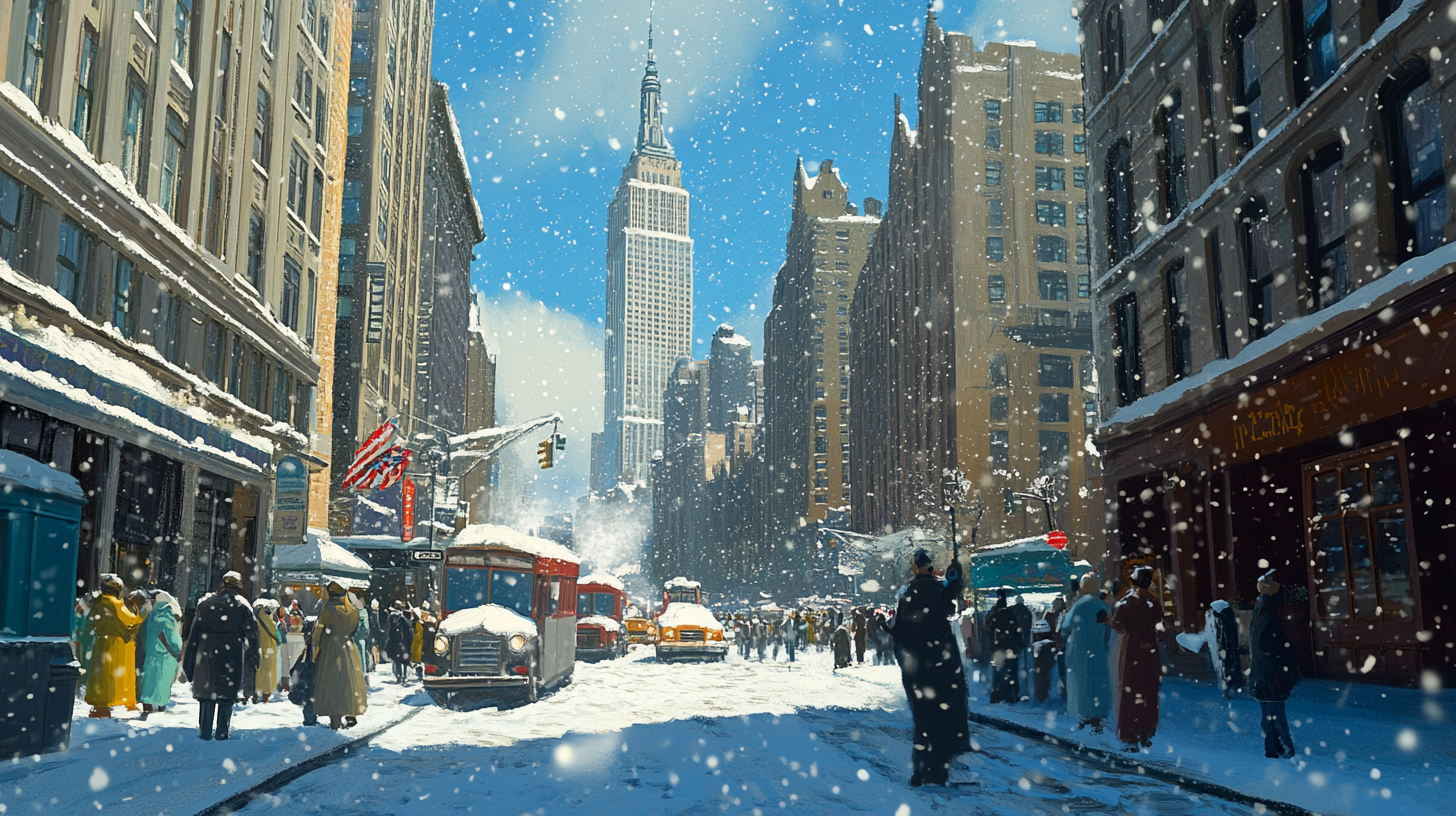 A bustling city street scene during a snowy day, with people walking and vehicles, including buses and taxis, navigating through the snow-covered road. Tall buildings line the street, and the Empire State Building is visible in the background. Snowflakes are falling, and the sky is clear and blue. An American flag is displayed on one of the buildings.