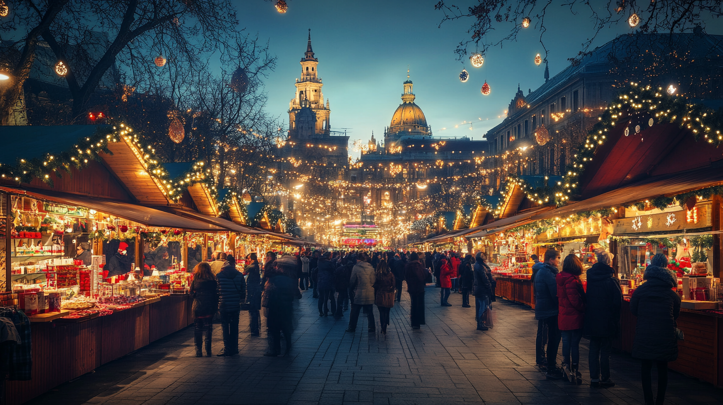 The image shows a festive Christmas market at dusk, with wooden stalls lined up on both sides, adorned with twinkling lights and decorations. People are walking and browsing the stalls, which display various goods and holiday items. In the background, illuminated historic buildings with domes and spires are visible, adding to the enchanting atmosphere.