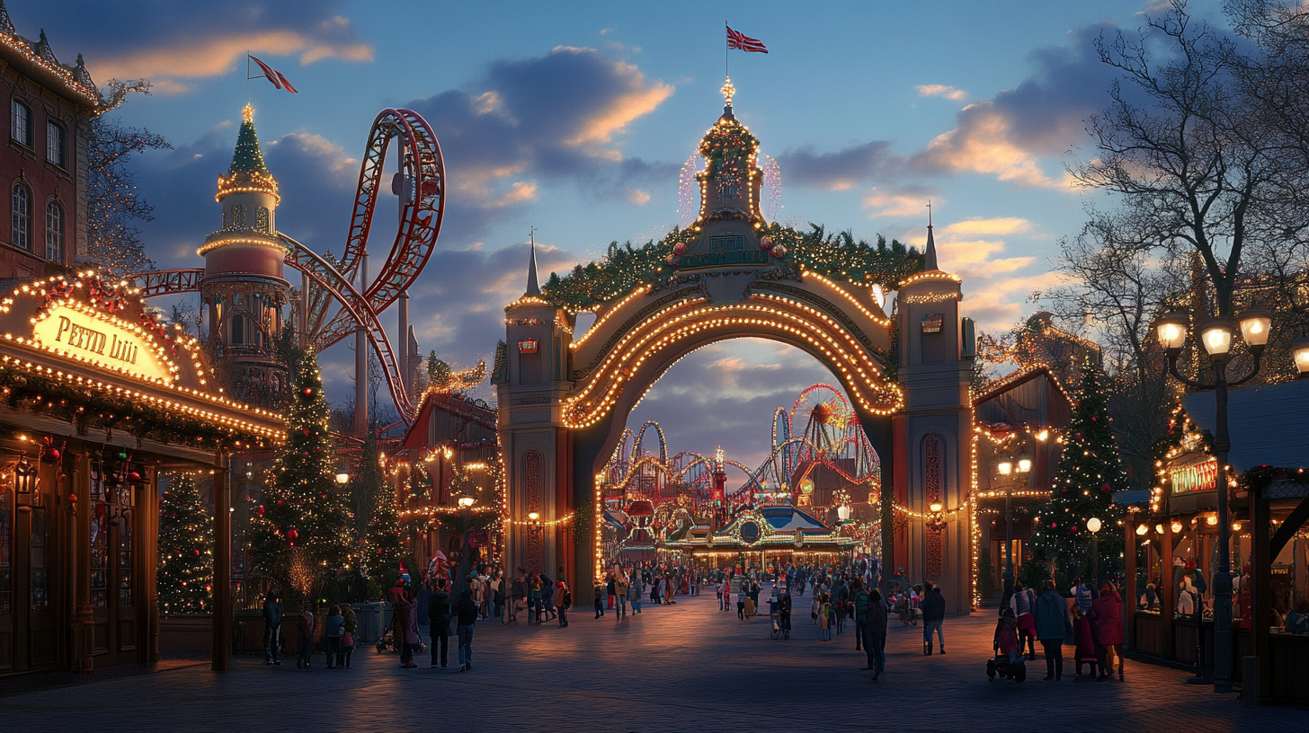 The image depicts a festive amusement park scene at dusk. The park is adorned with numerous lights and decorations, including a large, illuminated archway and Christmas trees. A roller coaster is visible in the background, and there are several buildings with bright signage. People are walking around, enjoying the festive atmosphere. The sky is partly cloudy, adding to the evening ambiance.