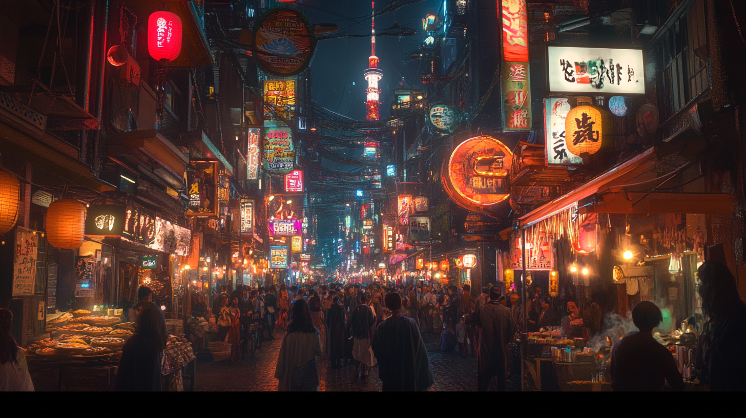 A bustling street scene at night in an urban area, likely in Asia, with numerous people walking and shopping. The street is lined with vibrant, colorful neon signs and lanterns, creating a lively atmosphere. Various food stalls and shops are visible, adding to the busy and energetic ambiance.