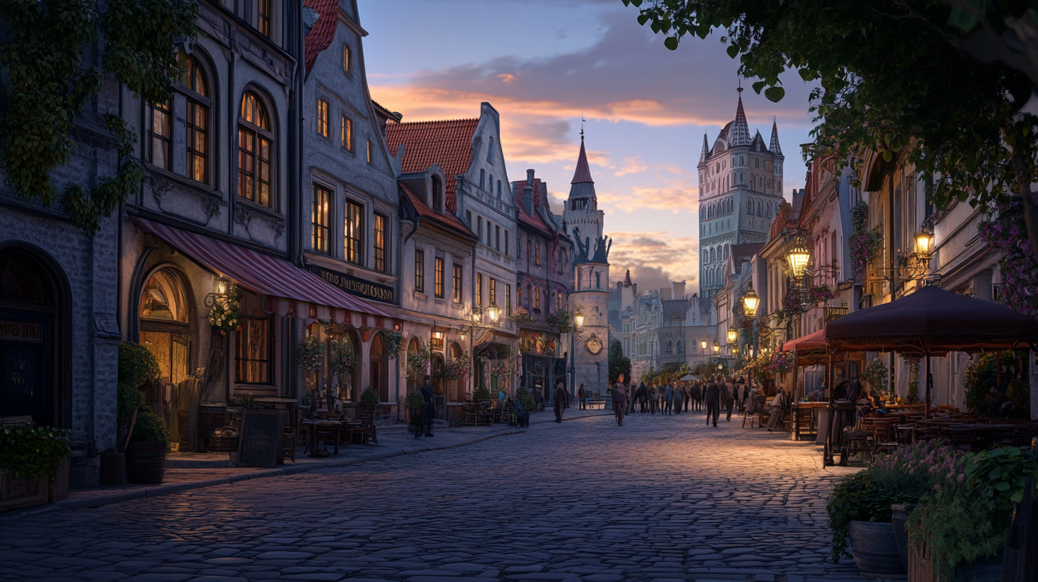 A picturesque cobblestone street in a historic European town at dusk. The street is lined with charming old buildings featuring warm, glowing windows and ornate architectural details. People are strolling along the street, and there are outdoor seating areas with tables and chairs under canopies. Street lamps cast a soft light, and a tall, medieval-style tower is visible in the background against a colorful sunset sky. Lush greenery and flowers adorn the scene, adding to the quaint atmosphere.