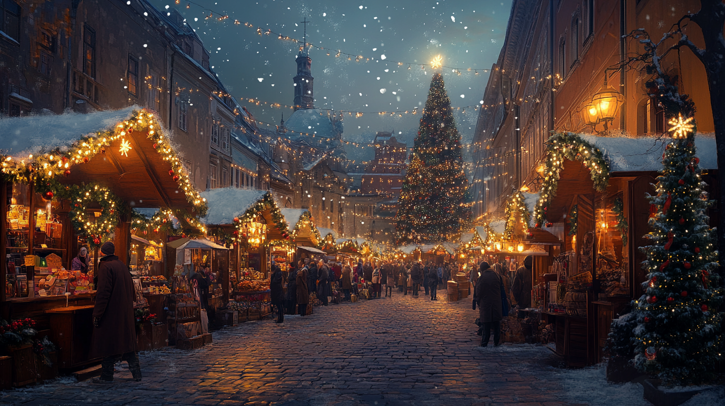 A festive Christmas market scene at night, with snow gently falling. The cobblestone street is lined with wooden stalls adorned with twinkling lights and garlands. People are browsing and shopping, creating a lively atmosphere. In the background, a large, decorated Christmas tree stands illuminated, with strings of lights hanging above the street. The surrounding buildings are covered in a light dusting of snow, adding to the wintry ambiance.