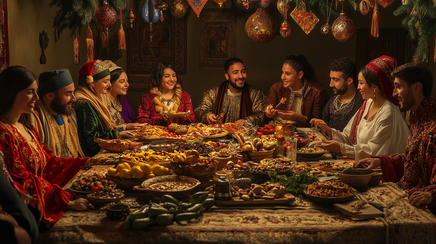 A group of people dressed in traditional, colorful clothing are sitting around a large, festive table filled with a variety of dishes. The setting is warmly lit, with decorative hanging ornaments and greenery above. The people are smiling and engaging with each other, creating a joyful and celebratory atmosphere.