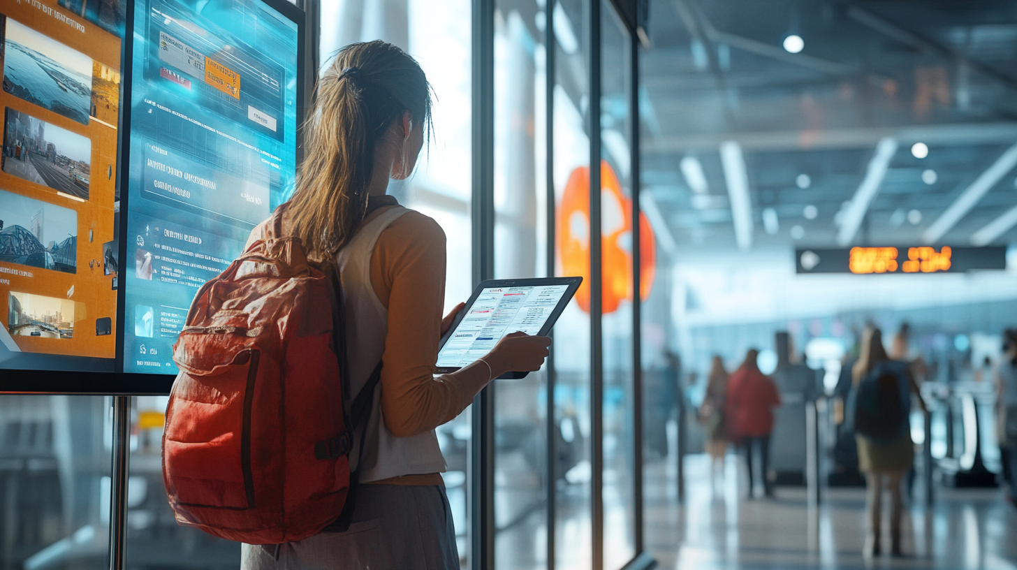 A person with a red backpack is standing in an airport terminal, holding a tablet. They are looking at a digital information board displaying travel details and images. The background shows a blurred view of other travelers and a departure gate sign.