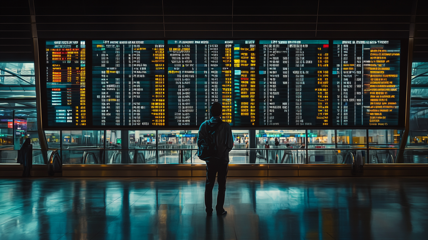 A person stands in front of a large digital flight information board at an airport. The board displays various flight details, including times and destinations, in bright yellow and white text. The airport environment is modern, with reflective floors and escalators visible in the background.