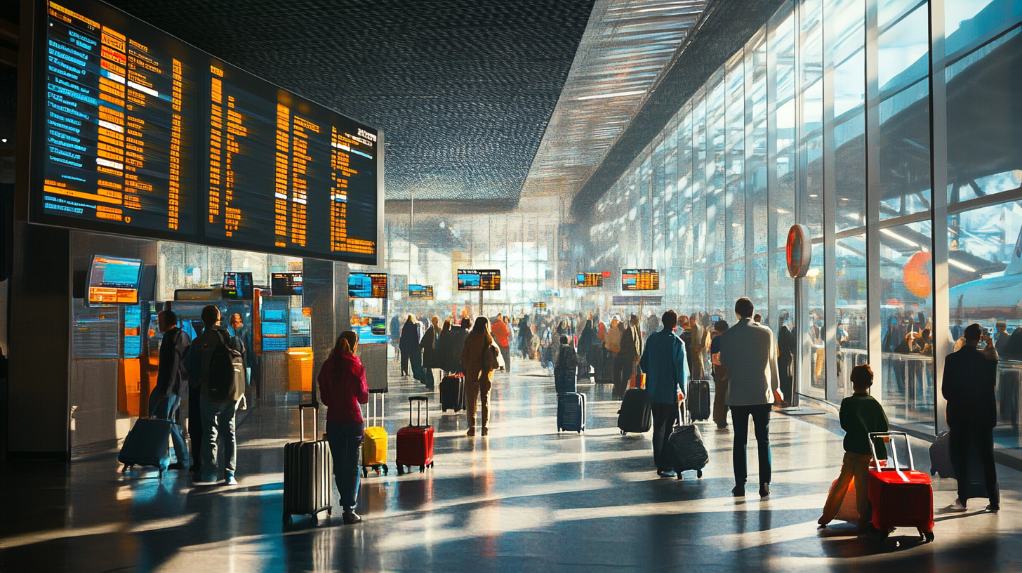 The image shows a busy airport terminal with many travelers walking and pulling suitcases. Large digital flight information boards are visible, displaying departure and arrival details. The terminal is well-lit with natural light streaming through large windows, and an airplane can be seen outside on the tarmac.