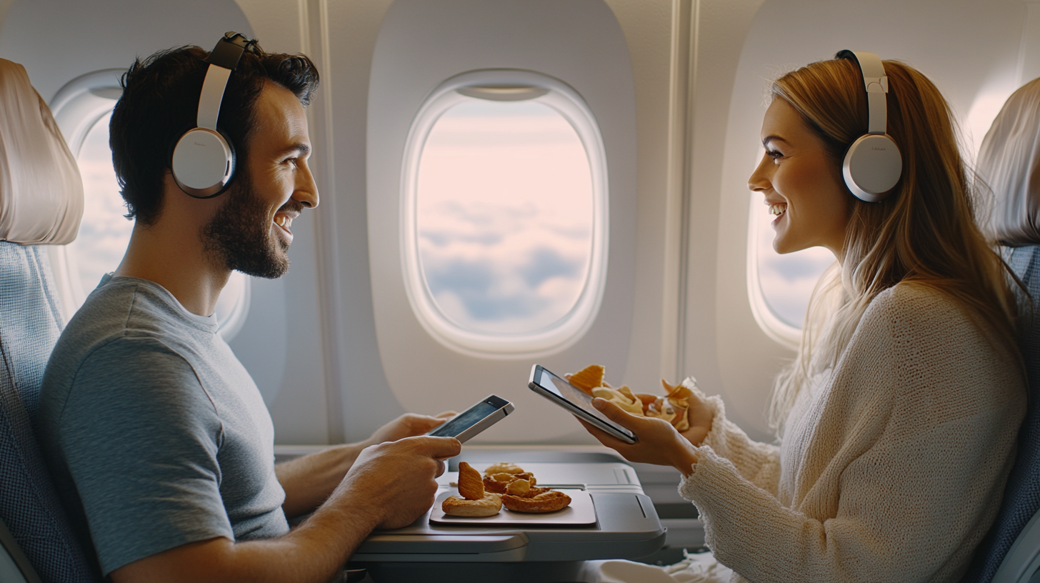 A man and a woman are sitting next to each other on an airplane, both wearing headphones and smiling at each other. They are holding smartphones and have a tray of snacks in front of them. The airplane windows show a view of clouds outside.