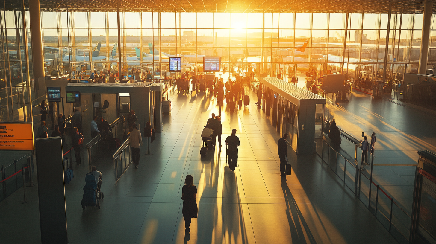 The image shows a busy airport terminal with people walking and pulling luggage. The terminal is bathed in warm sunlight streaming through large windows, casting long shadows on the floor. Airplanes are visible outside on the tarmac. The scene conveys a sense of travel and movement.