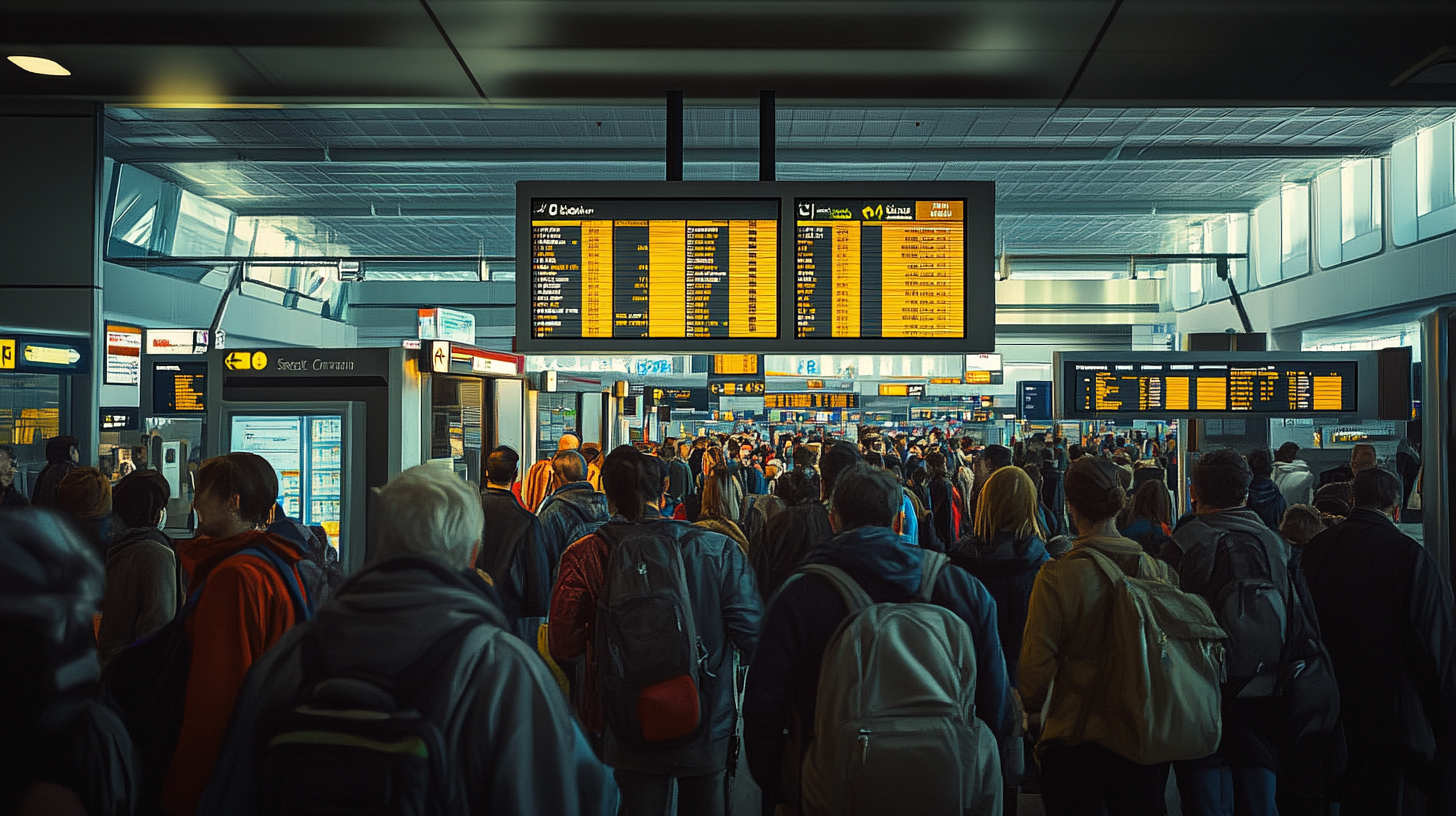 The image shows a crowded airport terminal with numerous travelers walking in various directions. Overhead, there are large electronic flight information boards displaying departure and arrival times. The terminal is well-lit with natural light coming through large windows.