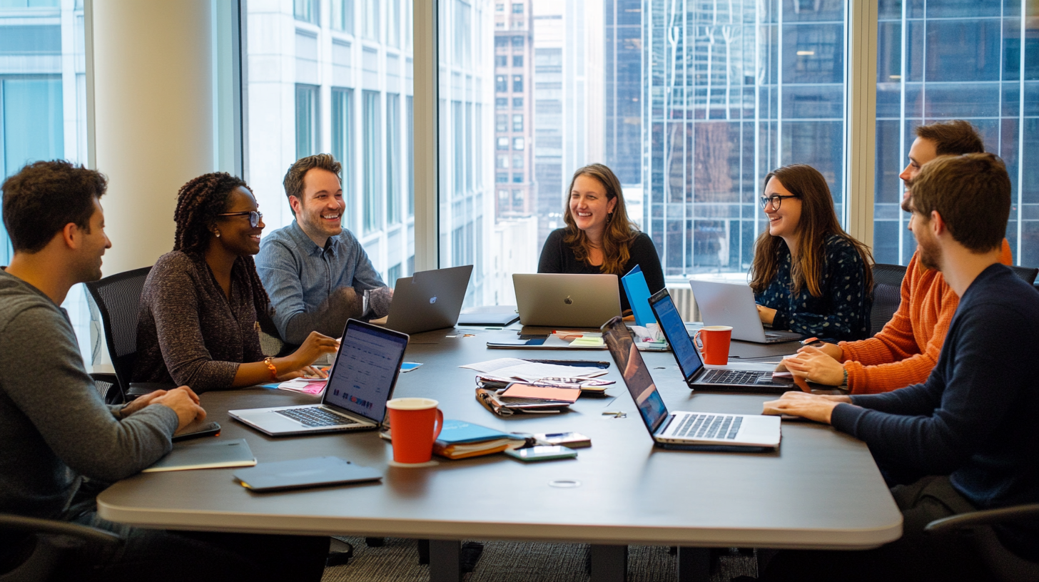 A group of eight people are sitting around a conference table in an office setting, engaged in a meeting. They are using laptops and appear to be having a discussion. The room has large windows with a view of tall buildings outside. There are papers, notebooks, and coffee cups on the table. The atmosphere seems collaborative and positive.