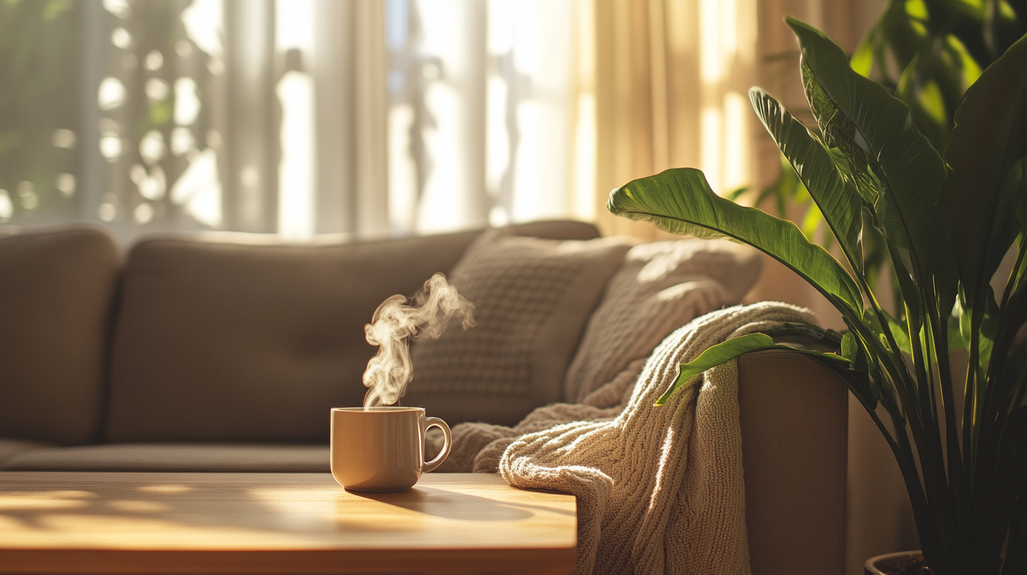 A cozy living room scene with a steaming mug on a wooden coffee table. In the background, there's a beige sofa with a textured blanket draped over it. Sunlight streams through a window, casting soft shadows, and a large green plant is visible to the right.