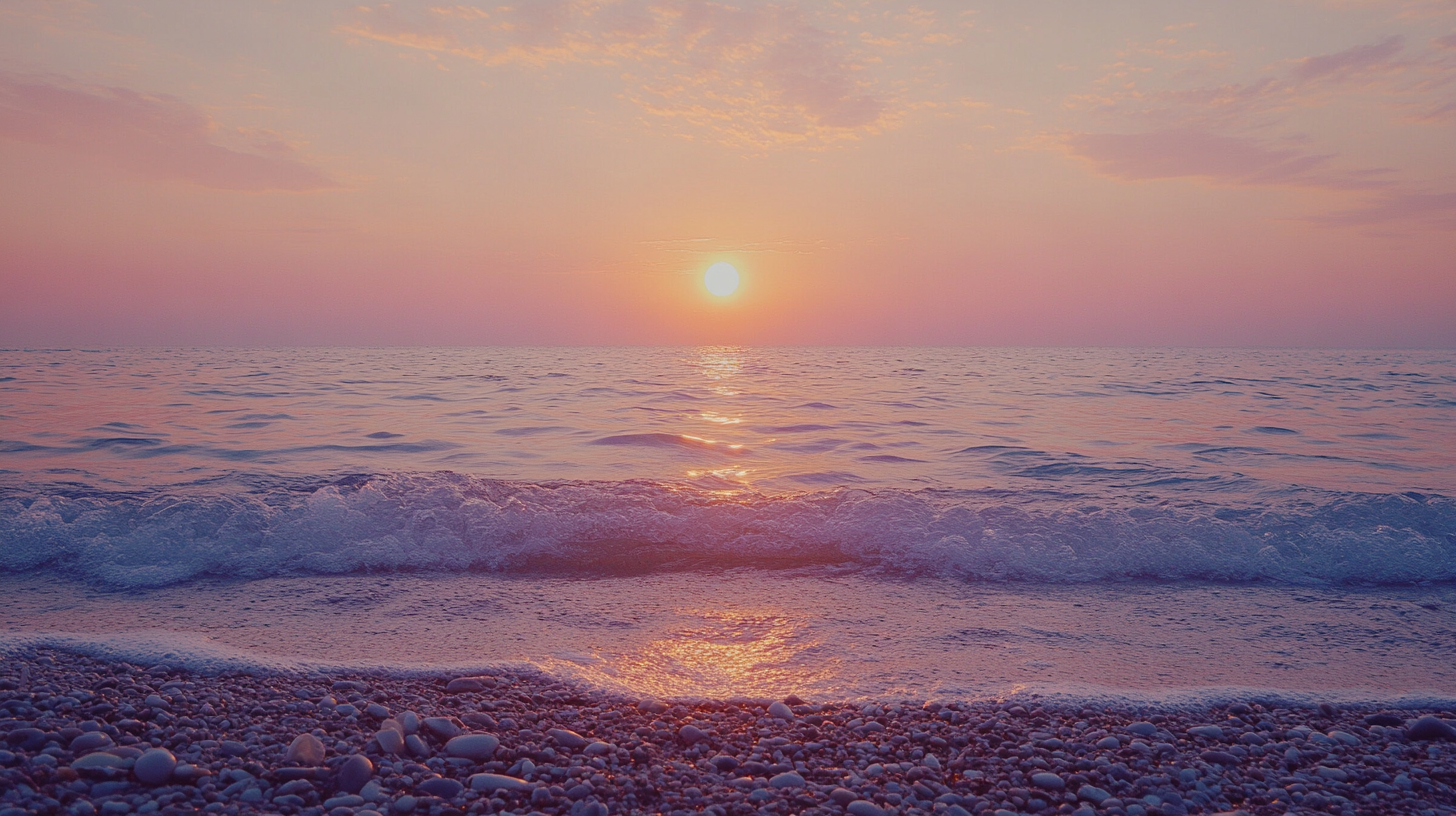 A serene beach scene at sunset, with the sun low on the horizon casting a warm glow over the ocean. Gentle waves are lapping at a pebble-covered shore, and the sky is filled with soft pink and orange hues.