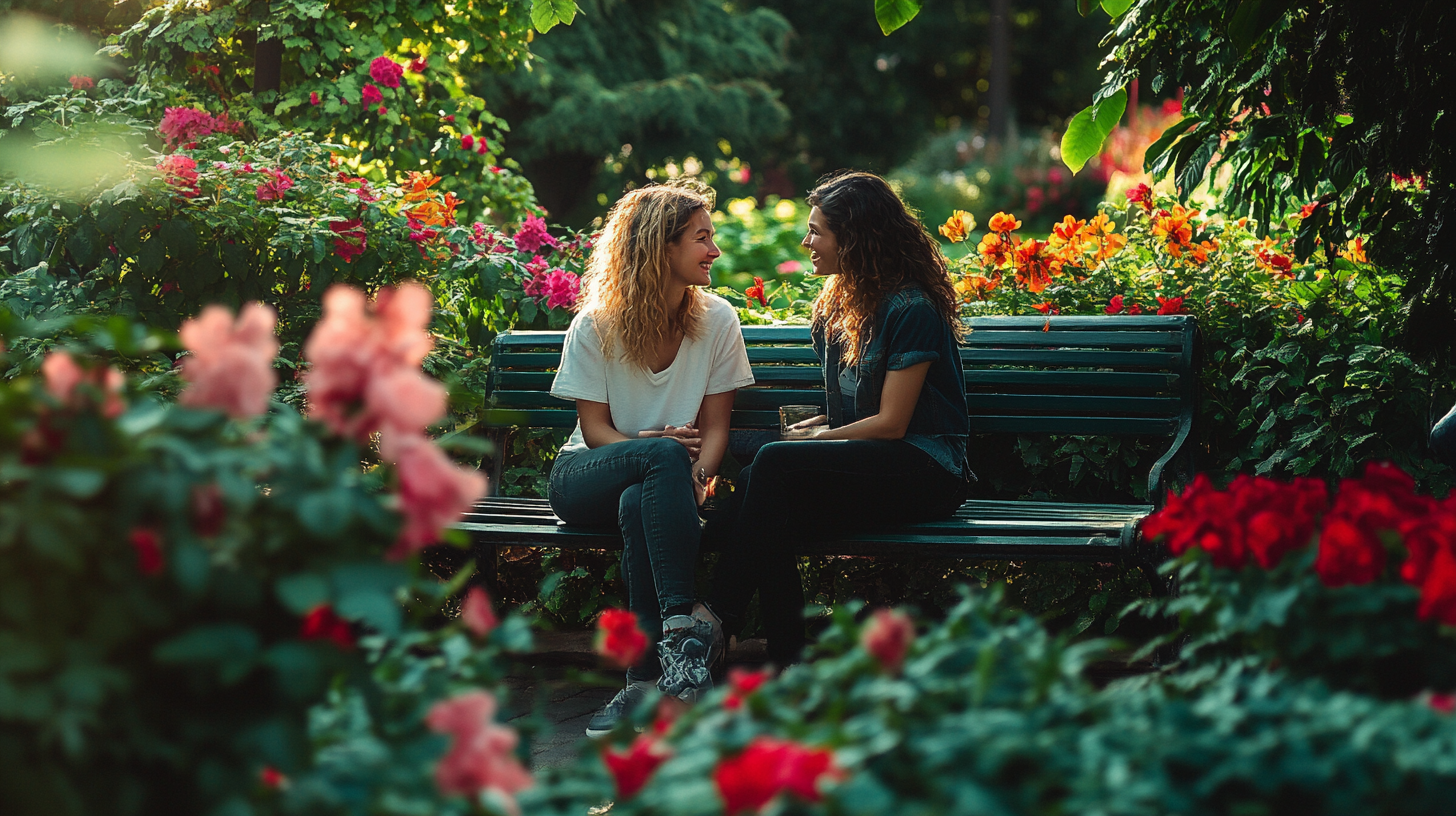 Two people are sitting on a bench in a lush garden filled with colorful flowers. They are facing each other and appear to be engaged in a conversation. The scene is vibrant with various shades of green, red, pink, and orange flowers surrounding them.