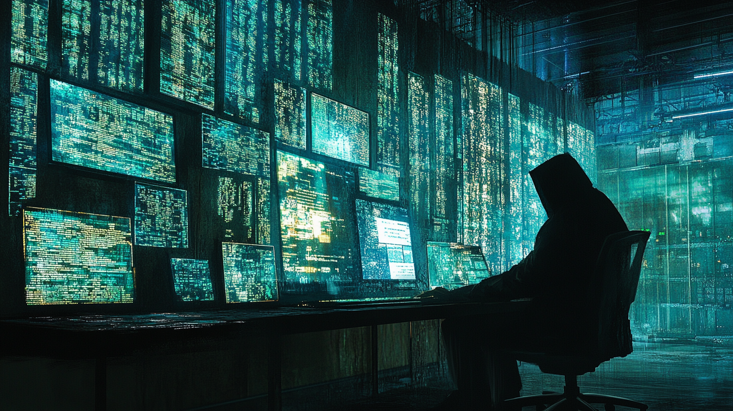 A person wearing a hooded jacket is sitting at a desk in a dimly lit room filled with multiple glowing computer screens displaying lines of code. The atmosphere is dark and technological, suggesting a hacking or cybersecurity theme.