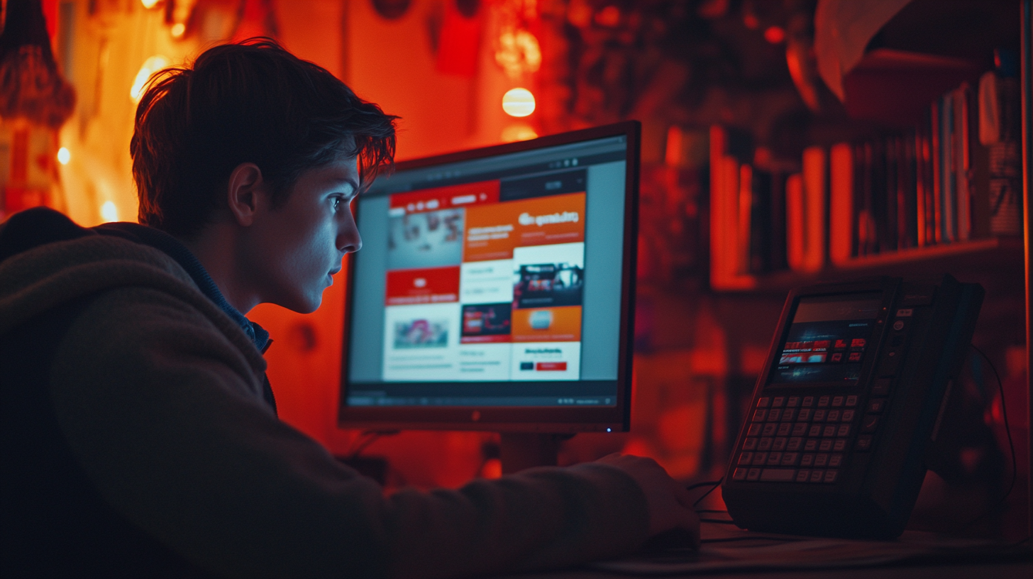 A person is sitting in a dimly lit room, focused on a computer screen displaying a website with red and white elements. The room is illuminated by warm, orange-red lighting, and there is a device with a keypad and screen next to the computer. Books are visible on a shelf in the background.