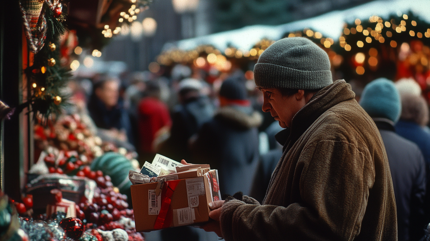 A person wearing a beanie and coat is holding a gift-wrapped package at a festive outdoor market. The scene is decorated with Christmas lights and ornaments, and there are blurred people in the background, creating a busy, holiday atmosphere.