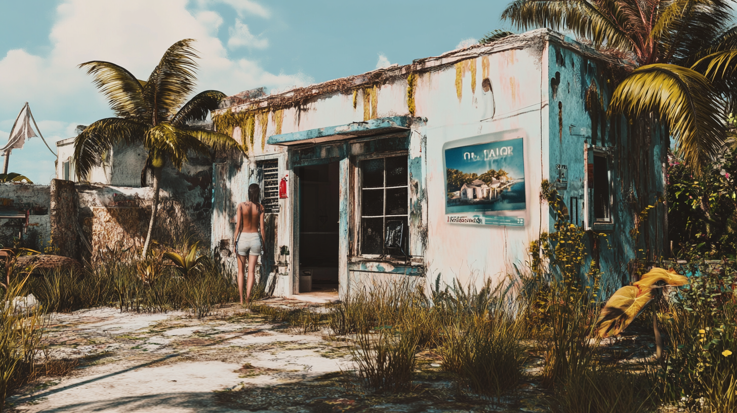 A person in shorts and a tank top stands in front of an old, weathered building with peeling paint and overgrown vegetation. The building has a poster on the wall and is surrounded by palm trees and grass. The sky is clear with a few clouds.