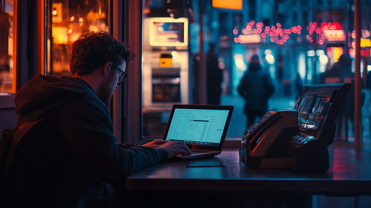 A person is sitting at a table in a dimly lit cafe, working on a laptop. The screen displays a list of emails or documents. The person is wearing glasses and a hoodie. Outside the window, there are blurred lights and people walking by, creating a cozy, urban evening atmosphere.