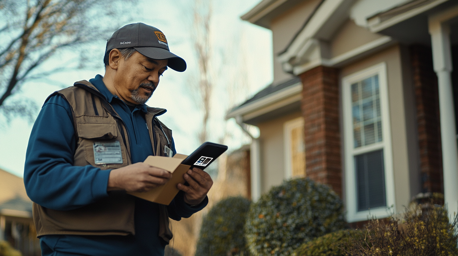 A delivery person is standing outside a house, holding a small package and a handheld device. The person is wearing a cap and a vest with identification badges. The background shows a residential building with windows and some bushes.