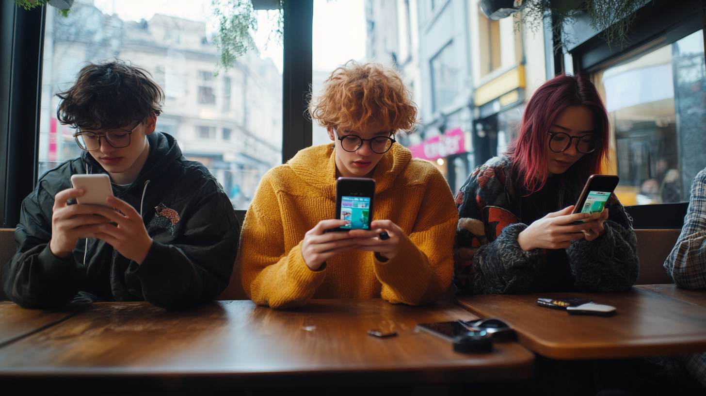 Three young people sitting at a wooden table in a cafe, each focused on their smartphones. They are wearing casual clothing, including jackets and sweaters, and all have glasses. The background shows large windows with a view of a city street.