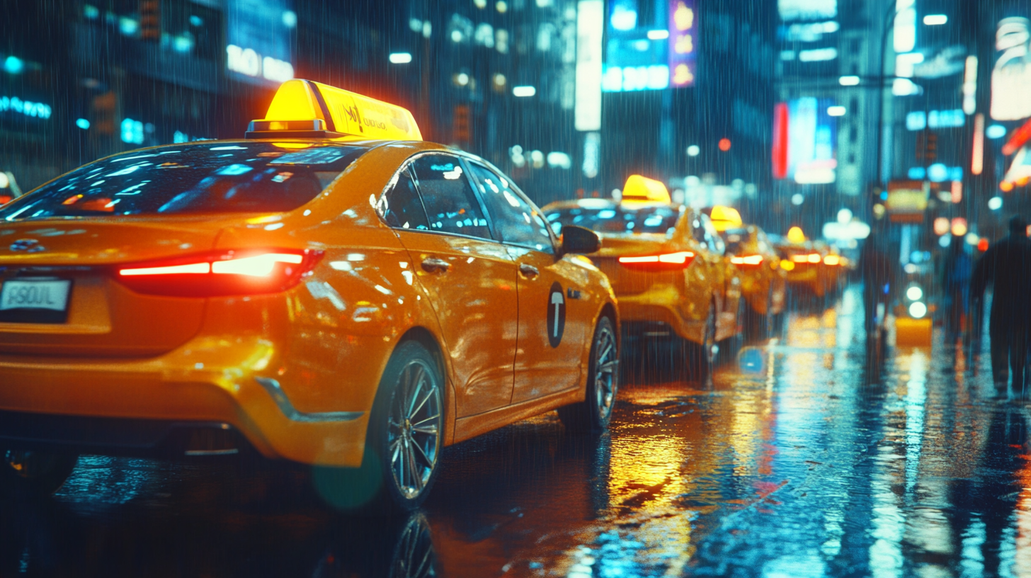 A row of yellow taxis is seen on a rainy city street at night. The wet pavement reflects the bright lights from the taxis and surrounding buildings. The scene is bustling with blurred figures of pedestrians and vibrant, colorful signs in the background.