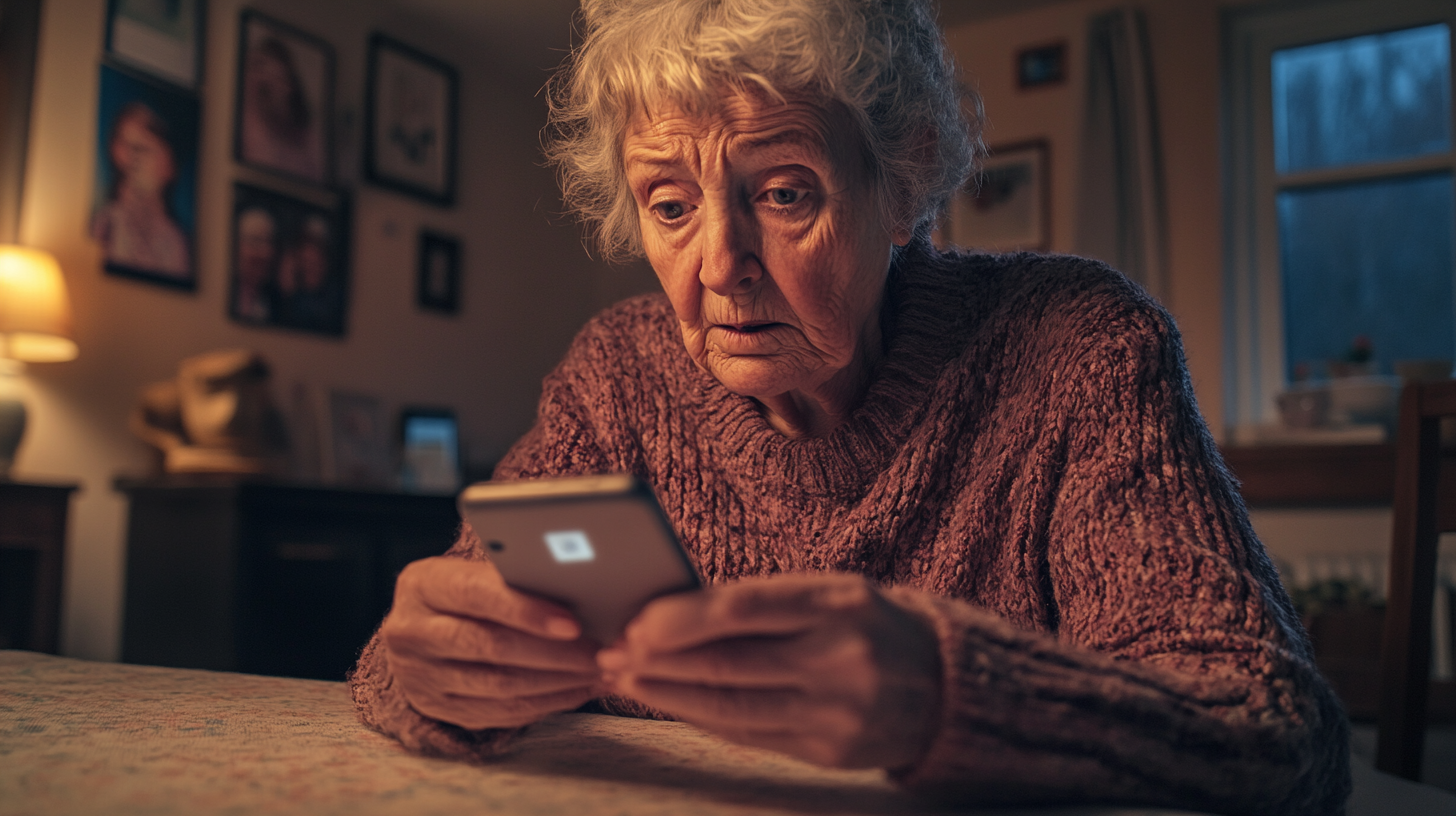 An elderly woman with short, curly gray hair is sitting at a table, looking intently at a smartphone in her hands. She is wearing a knitted sweater and appears to be in a cozy, dimly lit room with framed photos on the wall and a lamp in the background.