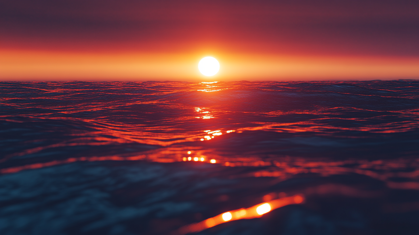 A vibrant sunset over the ocean, with the sun low on the horizon casting a warm, orange glow across the sky and reflecting on the rippling water.