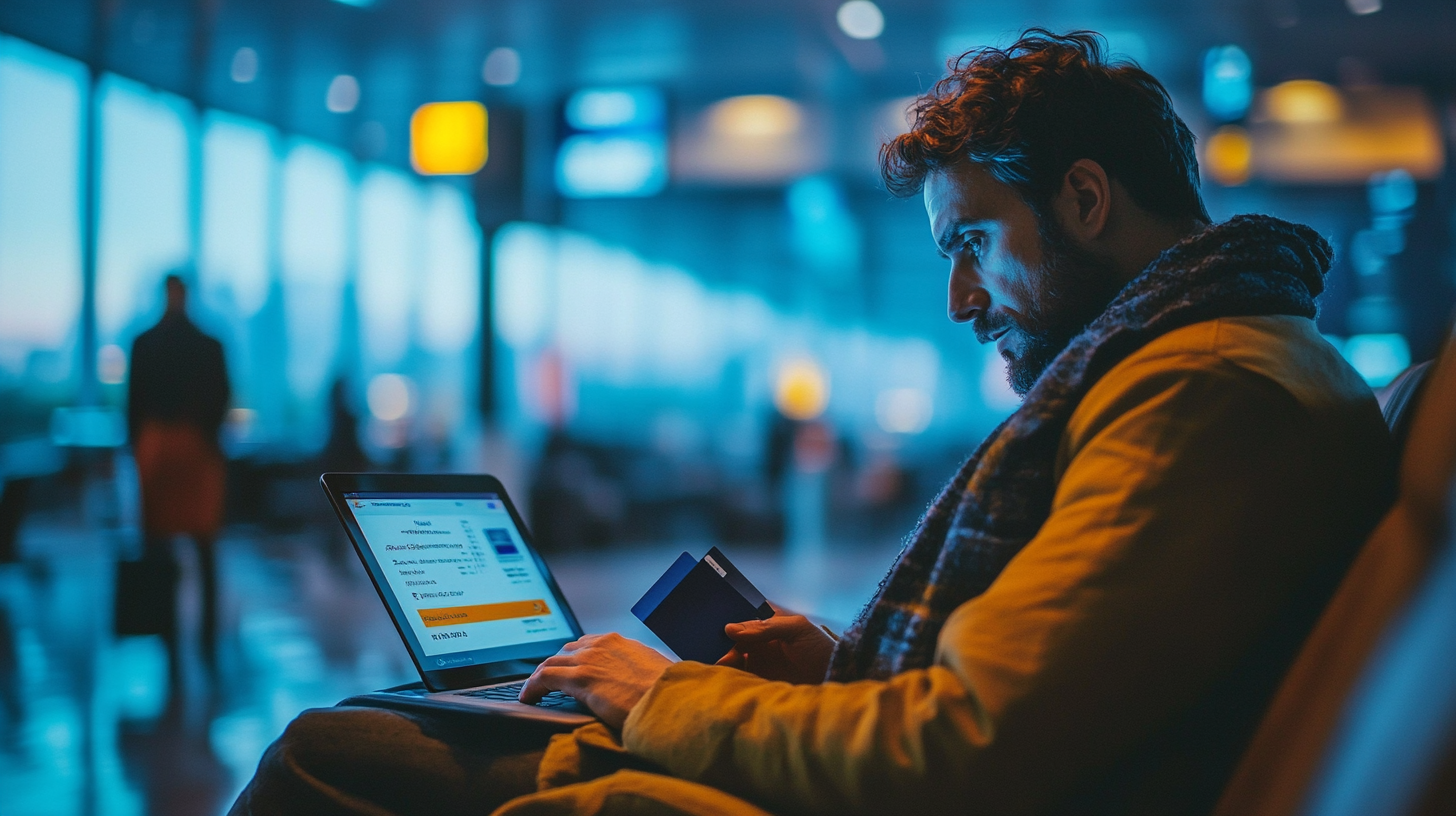 A man is sitting in an airport terminal, using a laptop. He is holding a credit card in one hand and appears focused on the screen. The background is softly blurred, showing other travelers and large windows with a blue tint, suggesting early morning or evening light.