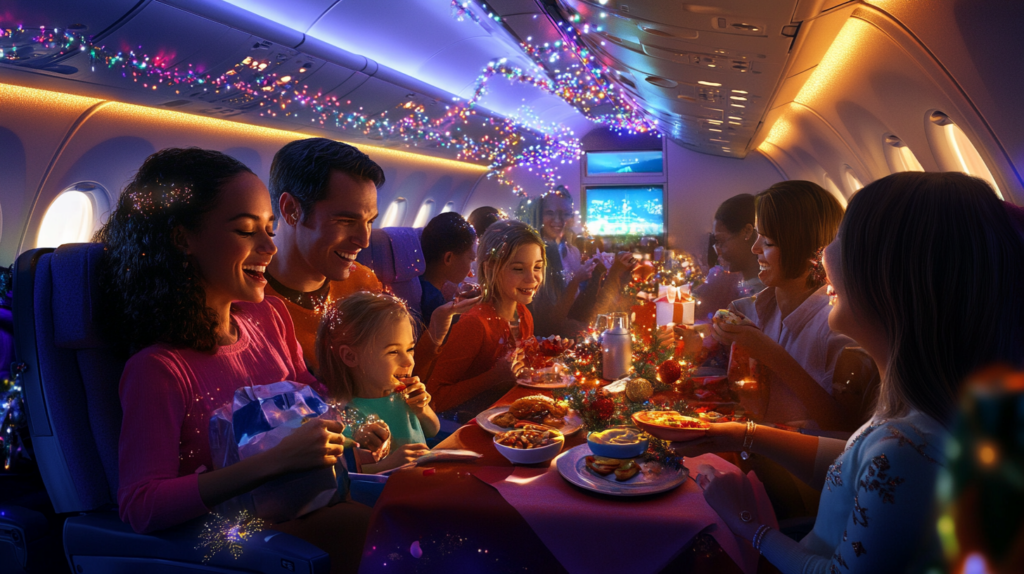 The image shows a festive scene inside an airplane cabin. A group of people, including adults and children, are seated around a table enjoying a holiday meal. The cabin is decorated with colorful lights and ornaments, creating a warm and cheerful atmosphere. The passengers are smiling and appear to be celebrating together, with plates of food and wrapped gifts on the table.