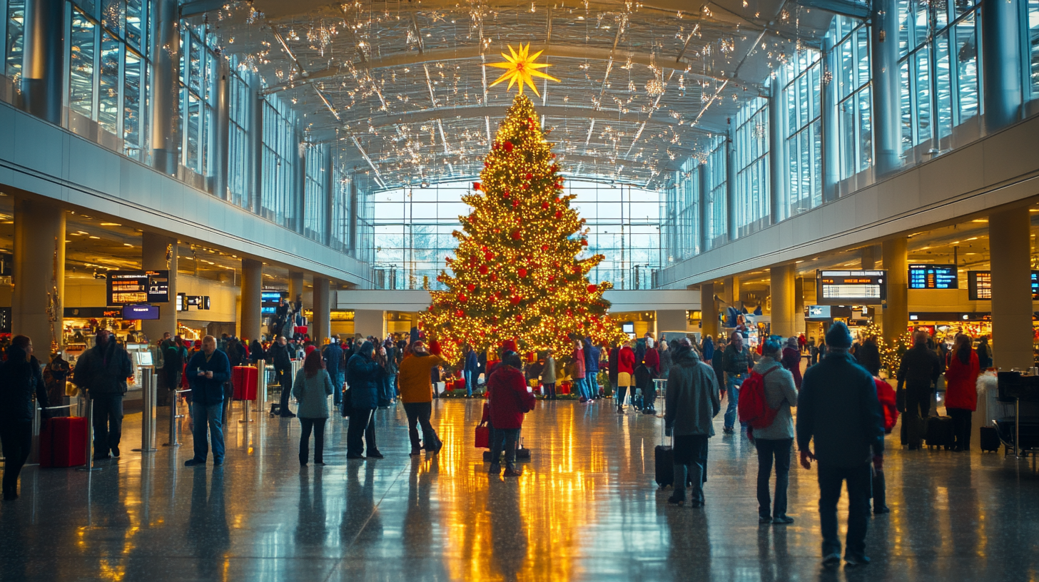 A large, decorated Christmas tree stands in the center of a busy airport terminal. The tree is adorned with lights and ornaments, and a bright star tops it. People are walking around, some carrying luggage, while others are gathered near the tree. The terminal is spacious with high ceilings and large windows, allowing natural light to illuminate the scene.