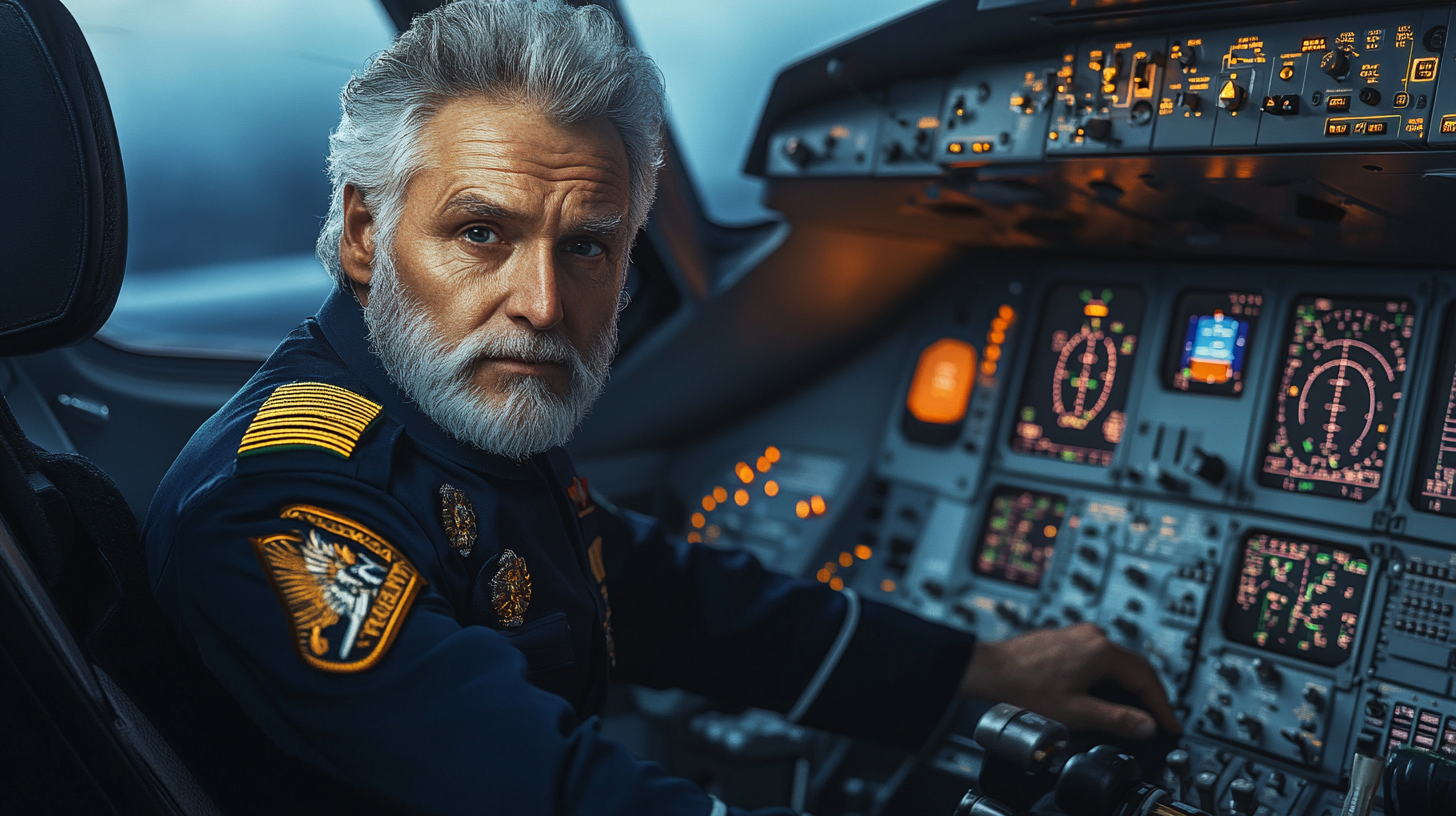 A man with gray hair and a beard is sitting in an airplane cockpit, wearing a pilot's uniform with insignia on the shoulder and sleeve. The cockpit is filled with illuminated control panels and instruments. The lighting is dim, highlighting the details of the controls and the pilot's focused expression.