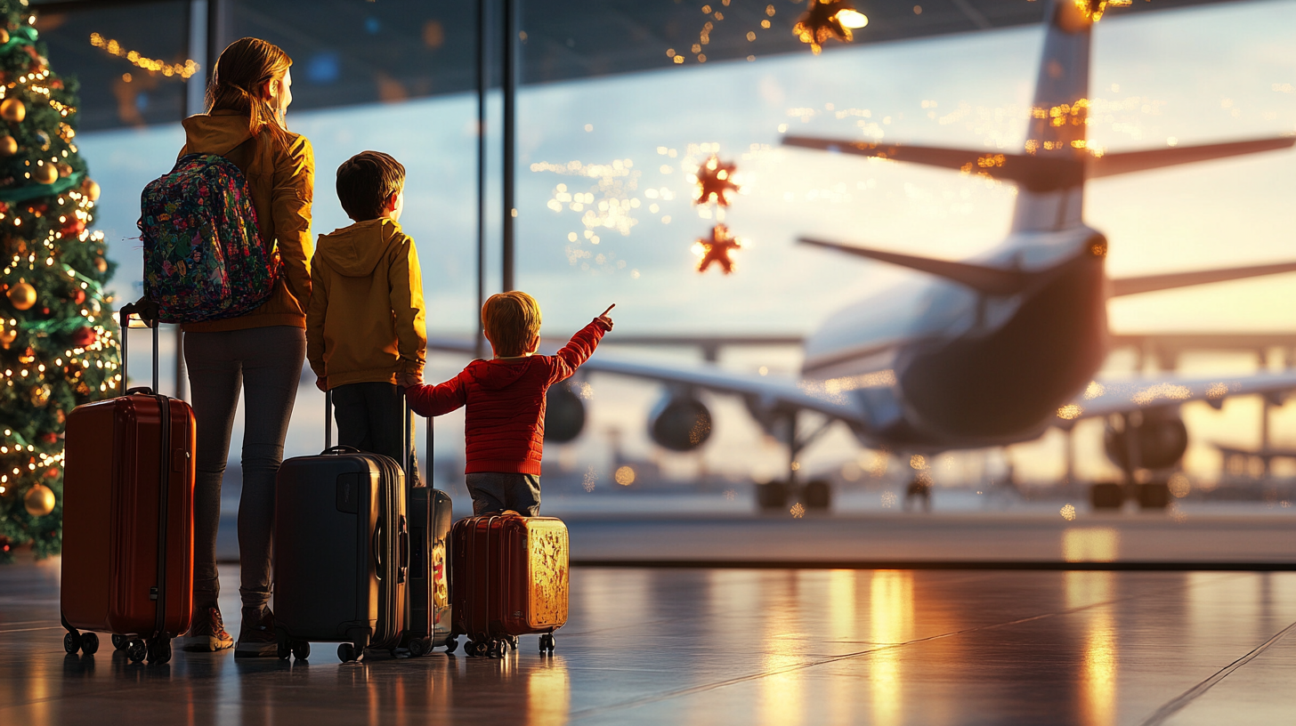 A woman and two children stand in an airport terminal, looking out at a large airplane through a window. They have suitcases with them. The scene is decorated with Christmas lights and ornaments, and a Christmas tree is visible on the left. The atmosphere is festive and warm, with a sunset in the background.