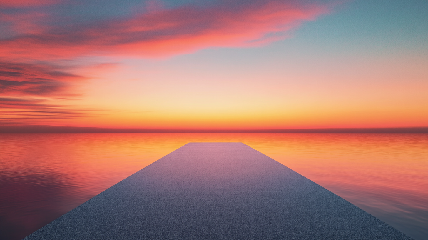 A serene sunset over a calm body of water, with a long, narrow pier extending into the distance. The sky is filled with vibrant hues of orange, pink, and purple, reflecting on the water's surface.